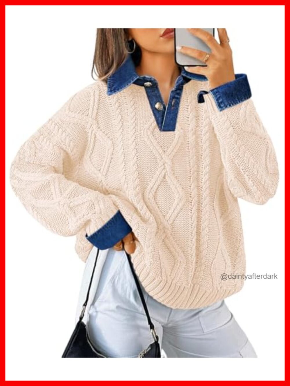 Cable Knit Denim Polo Pullover Sweater Chunky Women's